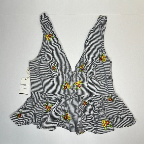 Forever 21 Tops - Forever 21 Floral Embroidered Striped Peplum Top Women’s Medium NWT